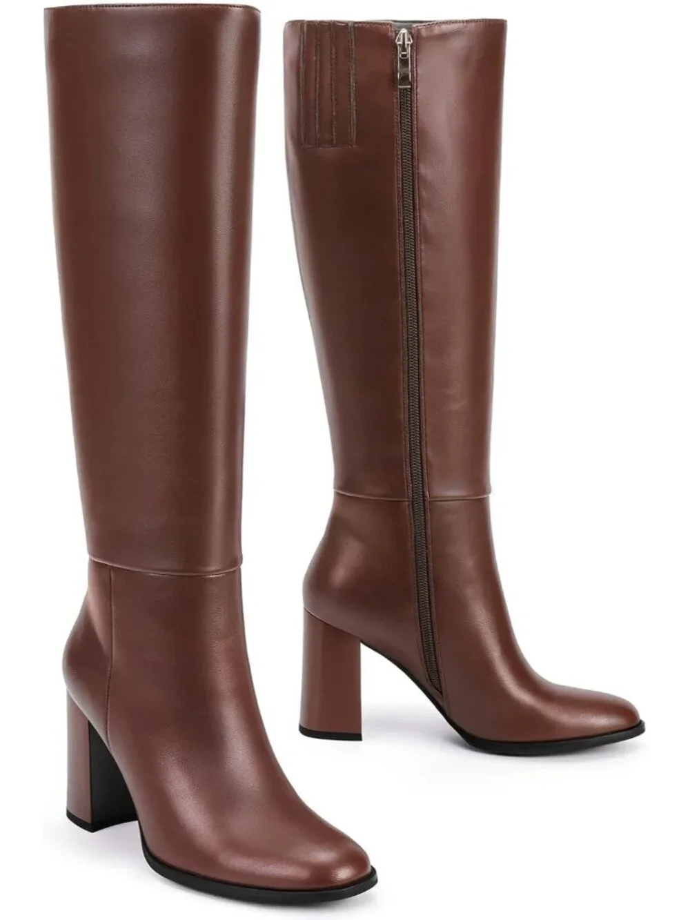 Women's Brown Round Toe Side Zip Chunky Heel Fashion Tall Knee High